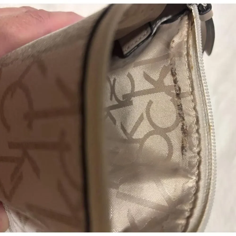 Calvin Klein Monogram Wristlet Pouch Cream Beige Zip Top Mini Bag Wallet Purse￼